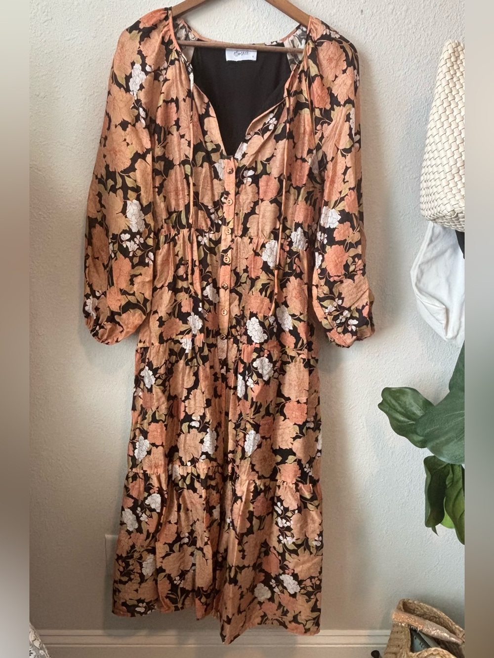 Peach Floral Button-Front Midi Dress with Black Base